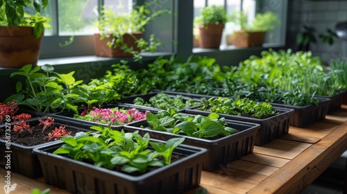 Seedlings growing in a greenhouse or indoor garden.