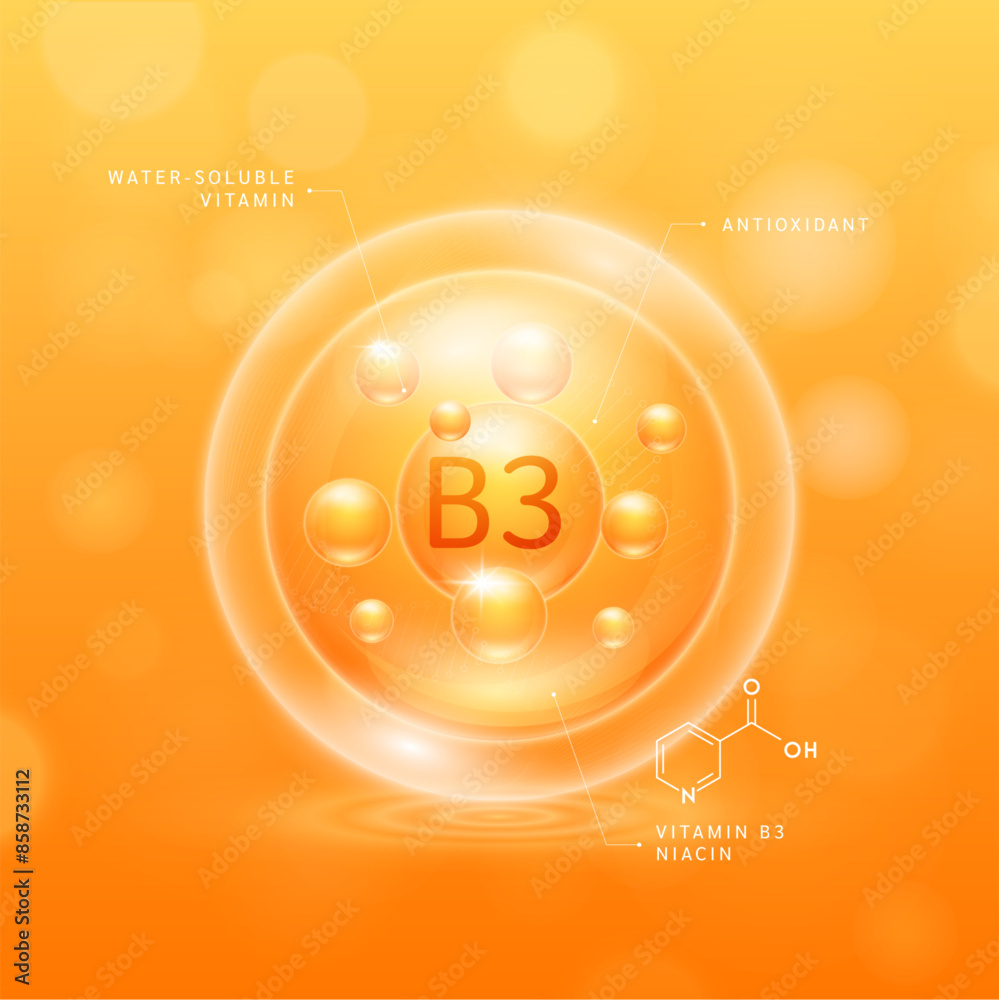 Vitamin B3 solution orange and chemical structure of Niacin. Water ...
