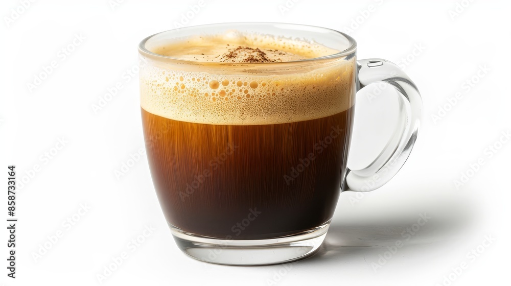 Naklejka premium Frothy coffee in a sleek clear glass mug, minimalist design, detailed and raw, set against a clean white background