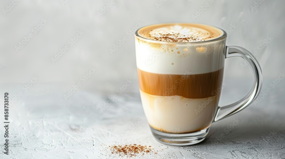 Frothy coffee drink in a simple clear glass mug, minimalist elegance, raw and detailed, white background for clarity Frothy coffee drink in a simple clear glass mug, minimalist elegance, raw and detailed, white background for clarity