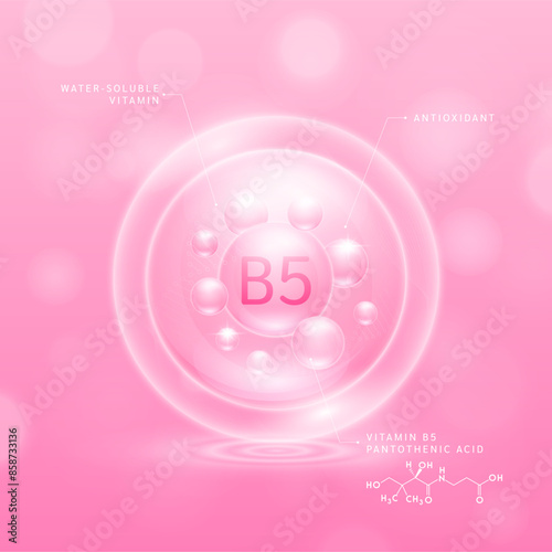 Vitamin PP solution pink and chemical structure of pantothenic acid. Water soluble vitamins. Collagen serum hyaluronic acid with antioxidants for brighter skin. Cosmetic beauty nutrition. Vector.