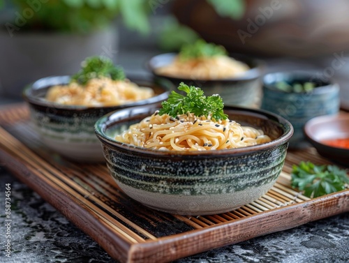 Noodles with greens in ceramic bowl on wooden table photo