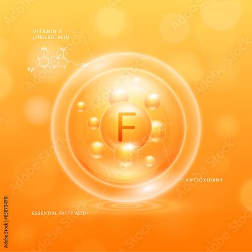 Vitamin F solution orange and chemical structure of Linoleic Acid. Essential fatty acid. Collagen serum hyaluronic acid with antioxidants for brighter skin. Cosmetic beauty nutrition. Vector.