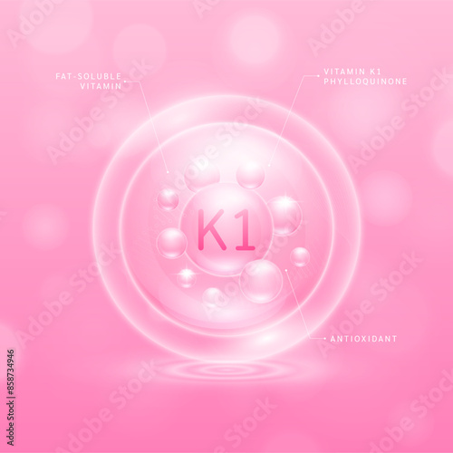 Vitamin K1 solution pink and chemical structure of phylloquinone. Fat soluble vitamins. Collagen serum hyaluronic acid with antioxidants for brighter skin. Cosmetic beauty nutrition. Vector.