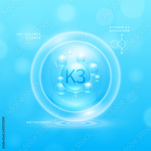 Vitamin K3 solution blue and chemical structure of Menadione. Fat soluble vitamins. Collagen serum hyaluronic acid moisturizer with antioxidants for brighter skin. Cosmetic beauty nutrition. Vector.