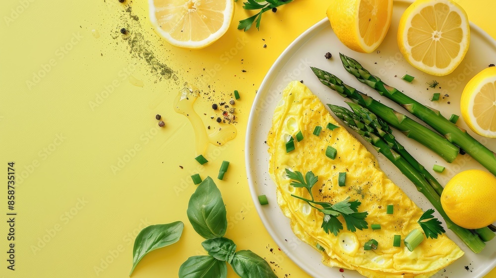 Green asparagus and greens filled dietary omelet Blank space for text Green asparagus and greens filled dietary omelet Blank space for text