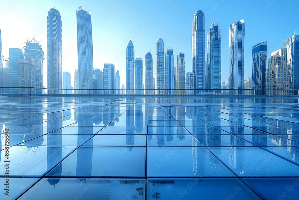 Modern city skyline with skyscrappers and reflection created with Generative AI Modern city skyline with skyscrappers and reflection created with Generative AI