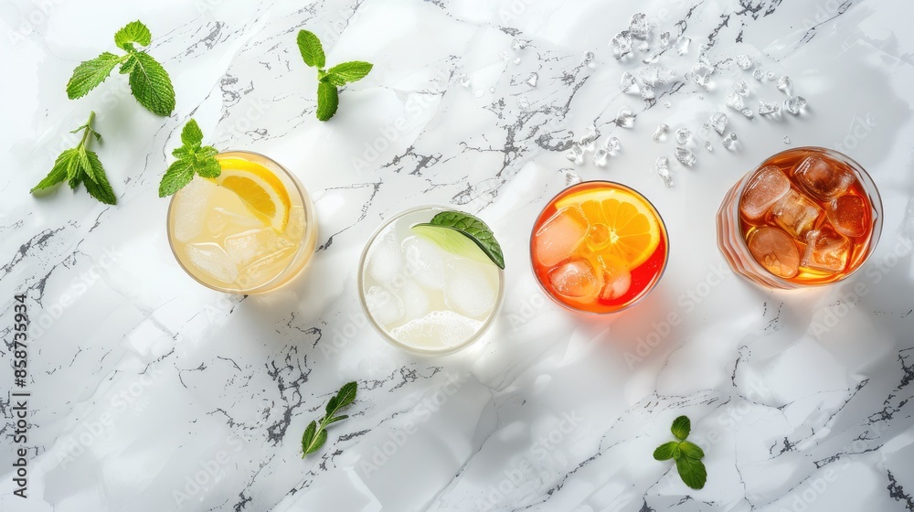 Alcoholic beverages on white marble Summer theme with simplicity