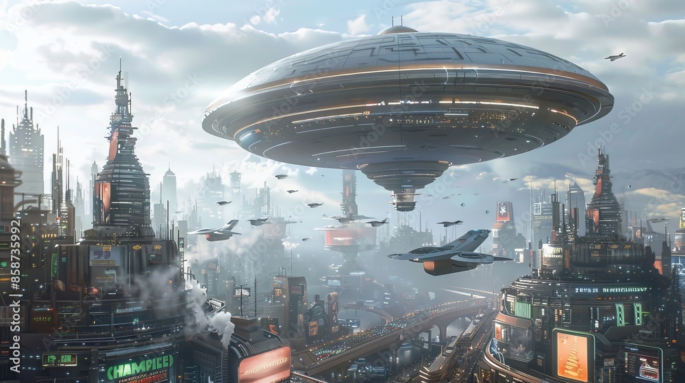 A massive UFO hovering above a futuristic metropolis, with holographic billboards and sleek flying vehicles in a bustling sky A massive UFO hovering above a futuristic metropolis, with holographic billboards and sleek flying vehicles in a bustling sky