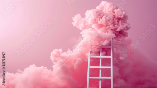 A magical pink fluffy cloud suspended in the air, with a pristine white ladder reaching up, all set against a calming pink background