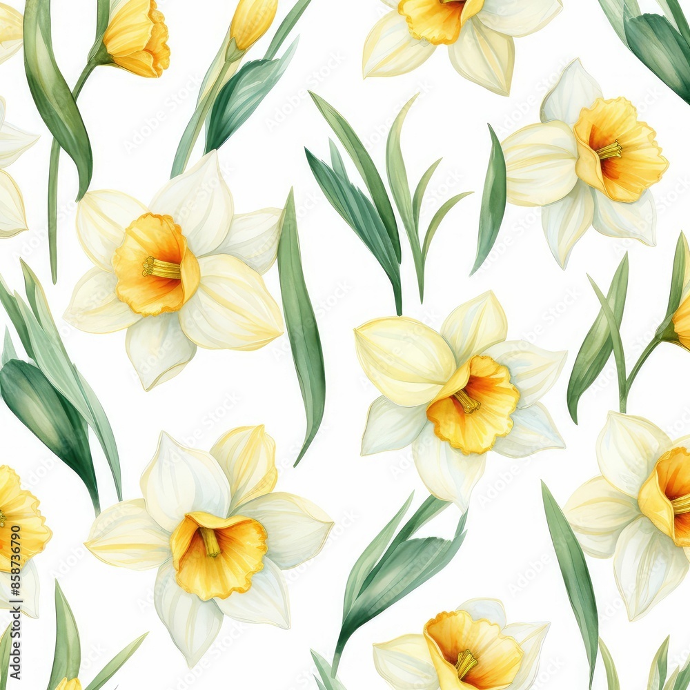 Obraz premium Daffodil background clipart with a pattern of daffodils covering the entire surface. watercolor illustration, Perfect for nursery art, simple clipart, single object, white color background.