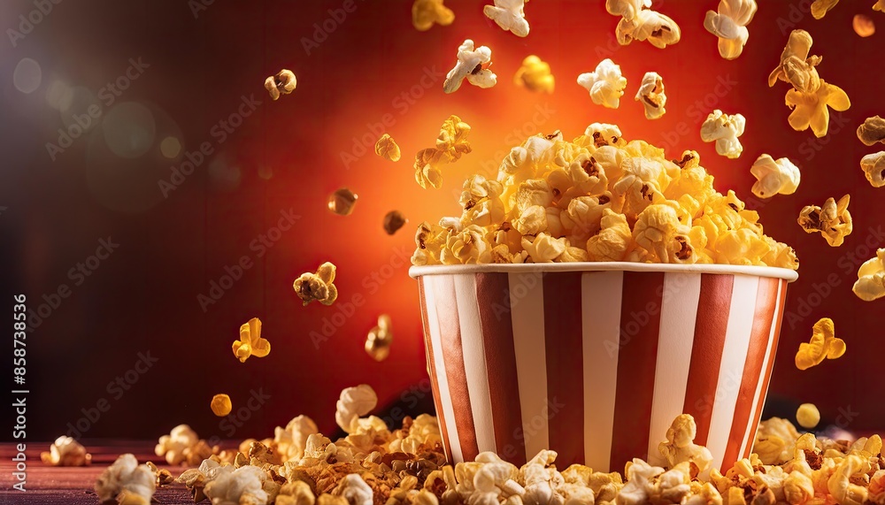 popcorn in the spotlight. the left side is empty Pop corn in big cup kernels popping in air with a red teater background. pop corn the best to content. 1:1. landscape.