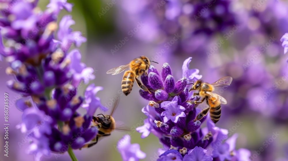 Close-up of blooming lavender, vivid purple hues with bees hovering, sharp details of petals and stems in bright sunlight, exuding freshness and calm Close-up of blooming lavender, vivid purple hues with bees hovering, sharp details of petals and stems in bright sunlight, exuding freshness and calm