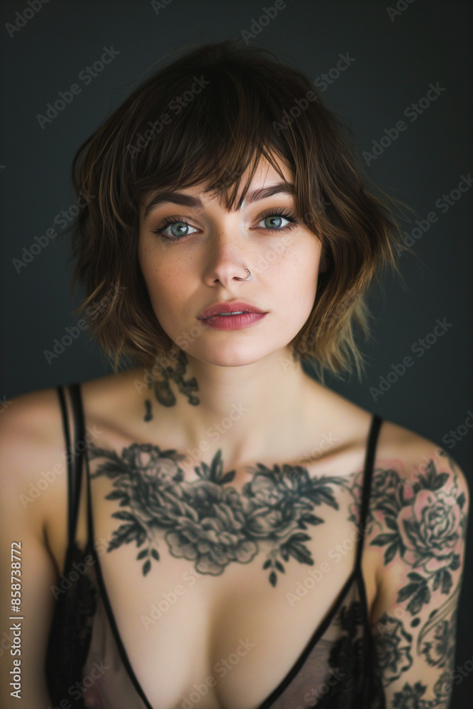 A woman with a tattoo on her neck and a nose ring A woman with a tattoo on her neck and a nose ring
