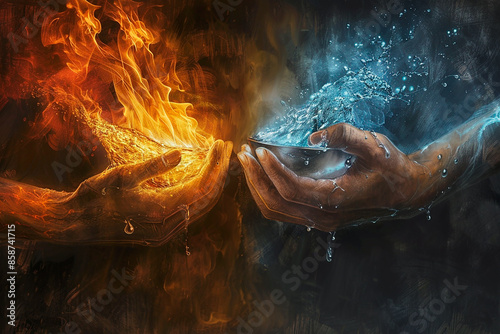 A mesmerizing illustration depicting the elemental forces of fire and water held in human hands, symbolizing balance and the duality of nature.