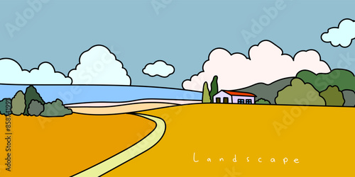 Green field farmyard lanscape vector illustration background. Outline, sketch, vintage agriculture view. Green grass, meadows, trees and blue sky suitable for banner and poster.