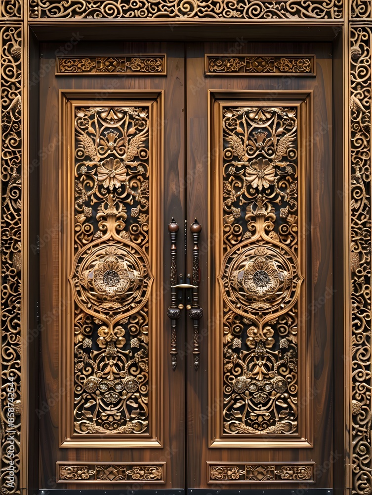 Intricate wooden doors adorned with detailed geometric and floral patterns, highlighting exceptional luxury craftsmanship. Intricate wooden doors adorned with detailed geometric and floral patterns, highlighting exceptional luxury craftsmanship.