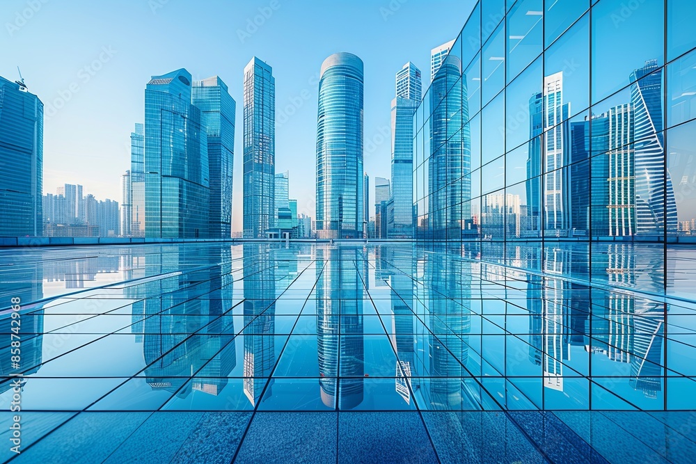Modern city skyline with skyscrappers and reflection created with Generative AI Modern city skyline with skyscrappers and reflection created with Generative AI