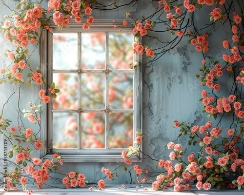 A window framed by delicate pink blossoms, a beautiful springtime scene. photo