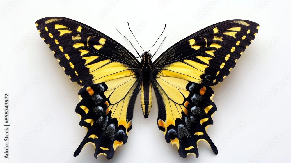 Elegant yellow and black butterfly, wings fully spread, centered on white background, minimal shadows Elegant yellow and black butterfly, wings fully spread, centered on white background, minimal shadows