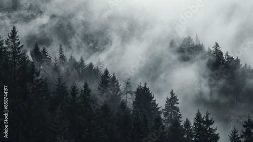 Enigmatic misty forest, layered mountains faintly visible, dense fog weaving through trees, haunting black and white composition