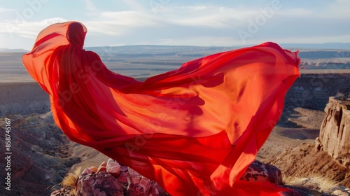 A vibrant red scarf ripples in the wind while its wearer admires the panoramic view from a high desert overlook.