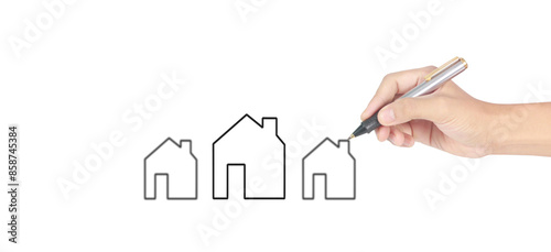 Male hand drawing house in whiteboard visualization home dream