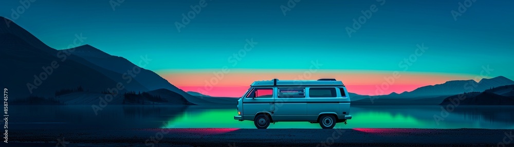 Camper van with augmented reality features displaying mountain stats, Futuristic, Blue and green tones, Digital painting, Techenhanced travel Camper van with augmented reality features displaying mountain stats, Futuristic, Blue and green tones, Digital painting, Techenhanced travel
