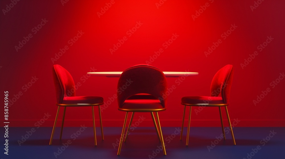 Obraz premium Dining chairs with augmented reality seating arrangement, Futuristic, Red and gold tones, Digital painting, Techenhanced dining