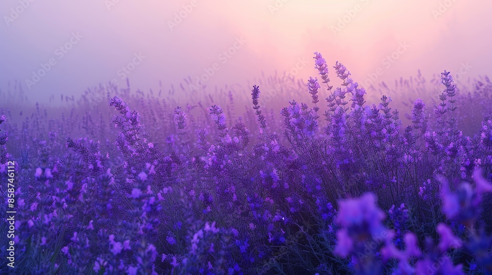 Lavender field at dawn, crisp purple blooms highlighted against the early morning mist, evoking a sense of calm and quiet beauty Lavender field at dawn, crisp purple blooms highlighted against the early morning mist, evoking a sense of calm and quiet beauty
