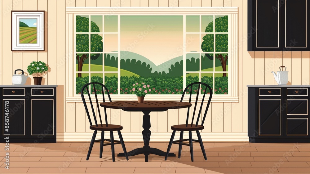 Fototapeta premium Vintage dining room with classic wooden chairs, nostalgic atmosphere, Sepia tones, Illustration, Classic style