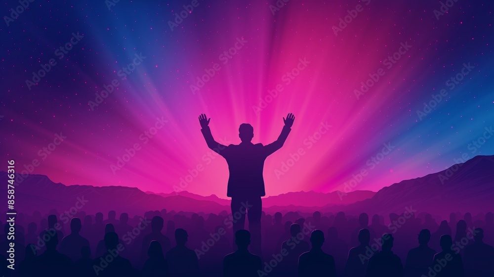 Fototapeta premium Fantasy conference with a businessman raising his hand in an enchanted room, Magical, Soft pastels, Watercolor, Mystical atmosphere