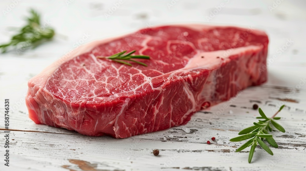 Fresh strip loin steak resting on a white wooden surface, rustic style, vintage feel, close-up shot capturing marbling detail Fresh strip loin steak resting on a white wooden surface, rustic style, vintage feel, close-up shot capturing marbling detail