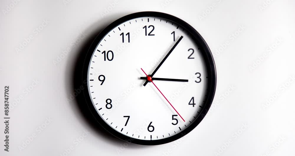 Cinematic High-angle Close-up Shot of White Office Wall Clock with Red Second Hand that Counting Down the Seconds to Two. Concept: Anticipation, Deadline, Tension and Passage of time. Real Time Clock Cinematic High-angle Close-up Shot of White Office Wall Clock with Red Second Hand that Counting Down the Seconds to Two. Concept: Anticipation, Deadline, Tension and Passage of time. Real Time Clock