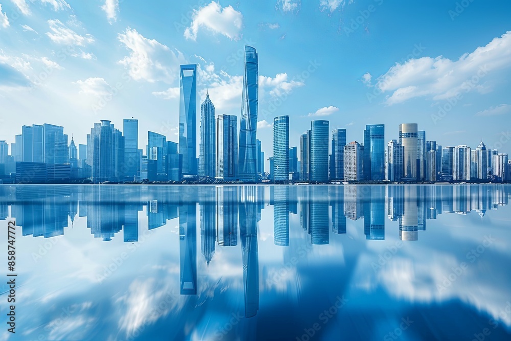Fototapeta premium Modern city skyline with skyscrappers and reflection created with Generative AI
