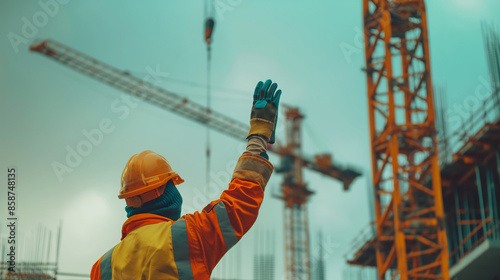 Rigger wearing protective aids standing using a hand signal by moving to directing communication with crane driver to move the boom up at construction site. photo