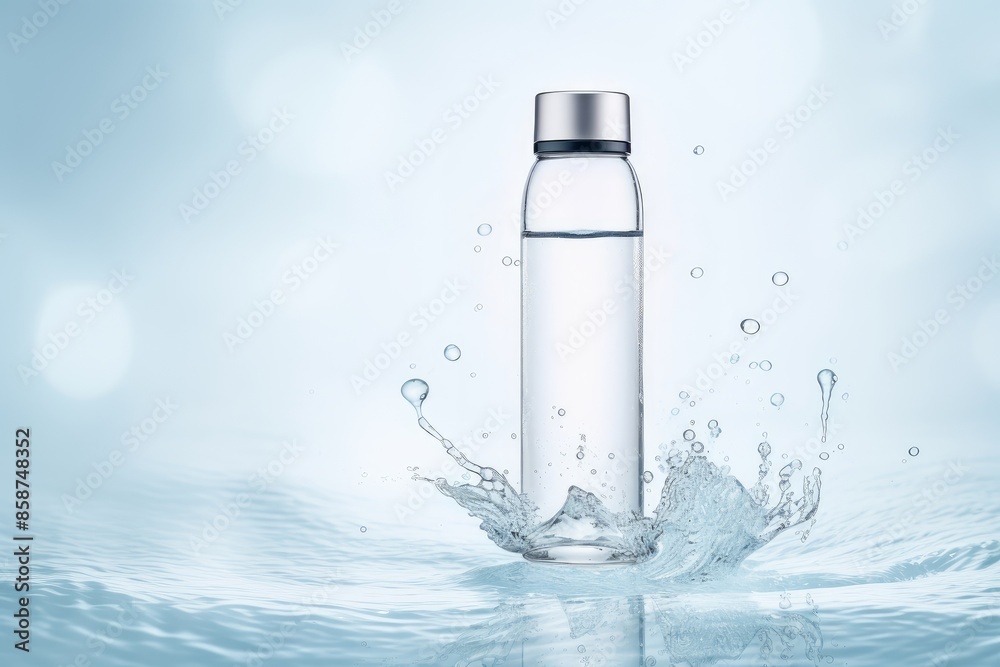 A glass water bottle with splashes and splashes on a light blue background. A glass water bottle with splashes and splashes on a light blue background.