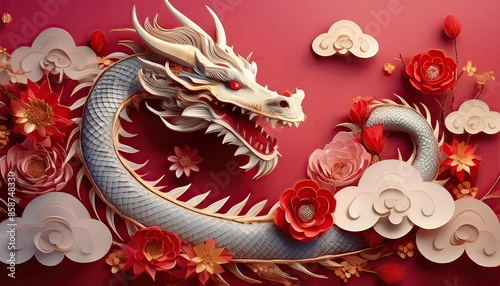 Chinese banner, Happy New Year poster. Dragon silhouette icon, 3d flowers, asian