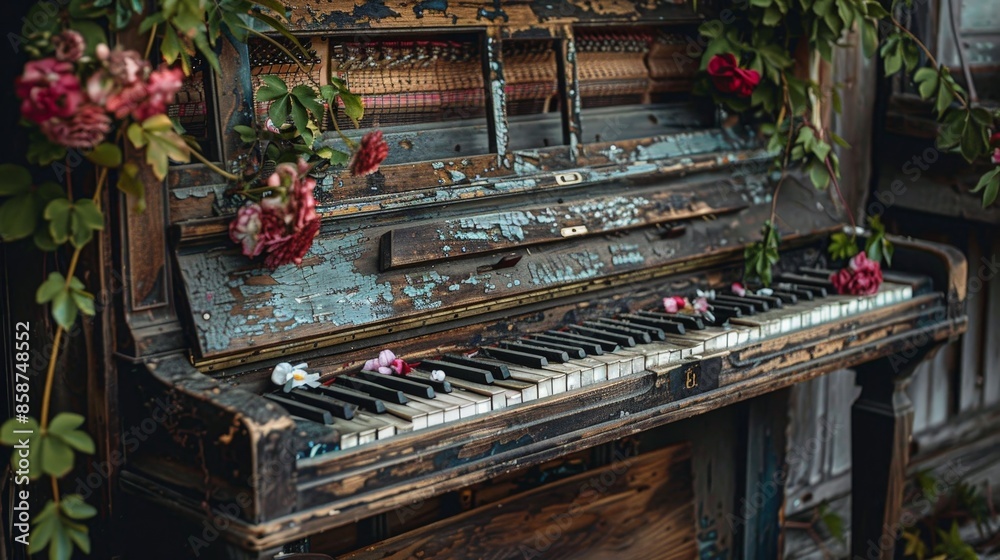 Design an image of an old, weathered piano in a rustic, abandoned house. Show vines and flowers growing around it, indicating the passage of time and nature reclaiming the space. Design an image of an old, weathered piano in a rustic, abandoned house. Show vines and flowers growing around it, indicating the passage of time and nature reclaiming the space.