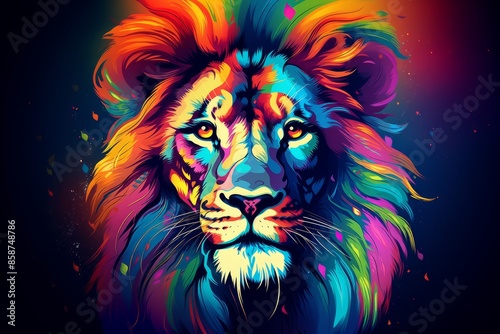 Colorful portrait of a lion, creative illustration in bright colors, pop art style © Alexandr