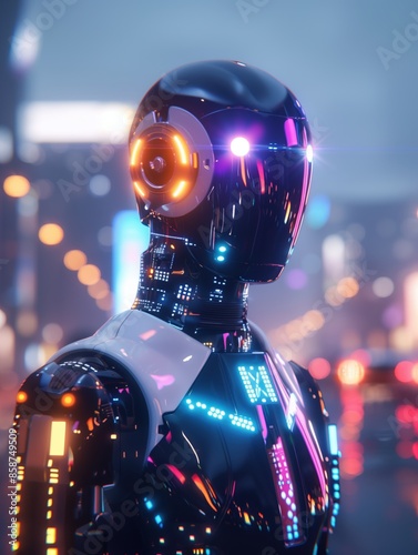 Futuristic Robot in Neon City