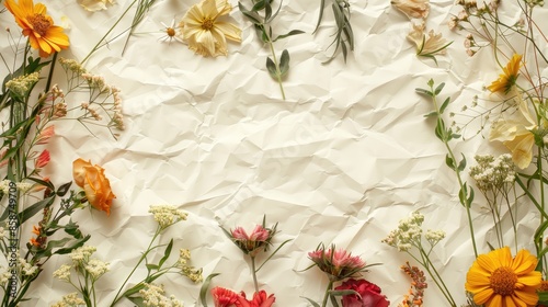 Dry flowers arranged on white paper background with empty space
