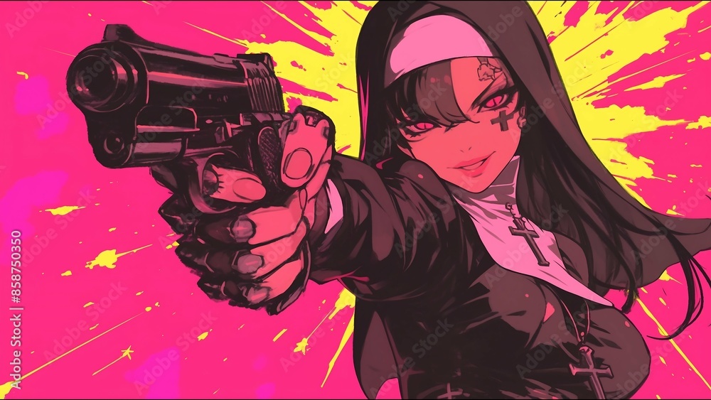 Nun Wielding Gun Bright Pink & Yellow Background Action Film Pose Nun Wielding Gun Bright Pink & Yellow Background Action Film Pose