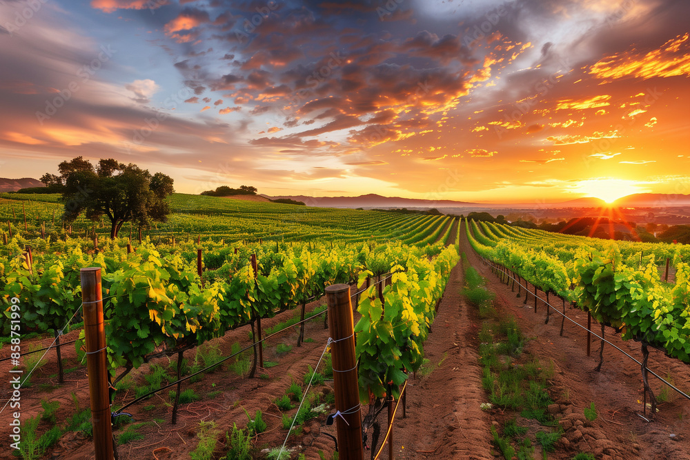 Fototapeta premium An expansive vineyard under a breathtaking sunset with vibrant green rows and dramatic cloudscape, illustrating nature's harmony and agricultural beauty