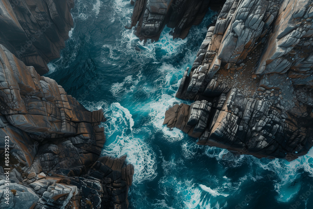 Stunning Aerial View of Rugged Coastal Cliffs and Turquoise Sea Waves Crashing Into Rocky Shoreline, Dramatic Nature Landscape Stunning Aerial View of Rugged Coastal Cliffs and Turquoise Sea Waves Crashing Into Rocky Shoreline, Dramatic Nature Landscape