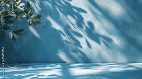 Blurred shadow from leaves on the light blue wall. Minimal abstract background for product presentation. Spring and summer.