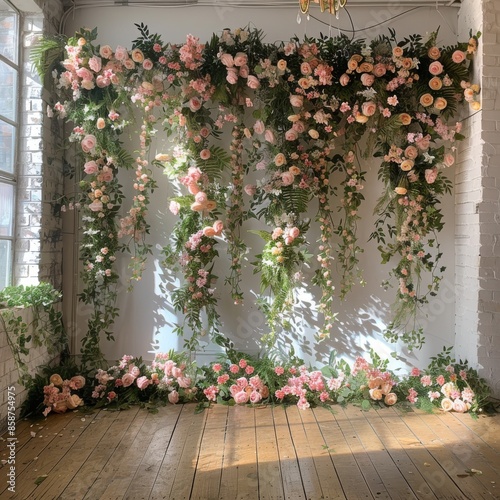 A lush floral backdrop with cascading pink roses and greenery, perfect for a wedding or special event. © Lucky_jl