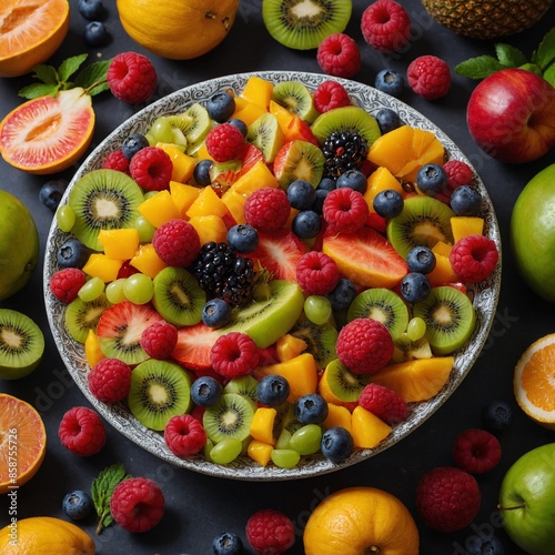 An intricately arranged fruit salad with exotic fruits. 