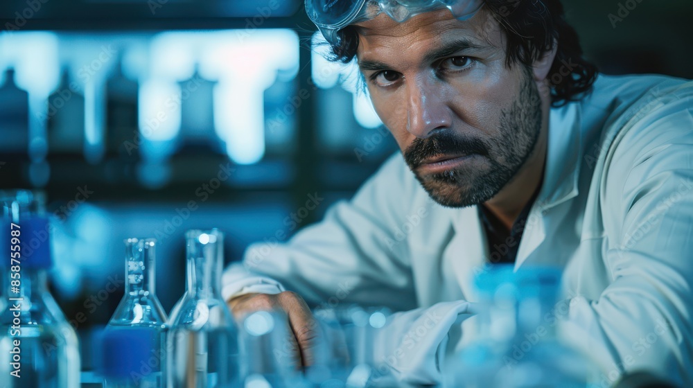 A man in a lab coat is looking at a table full of glass bottles A man in a lab coat is looking at a table full of glass bottles