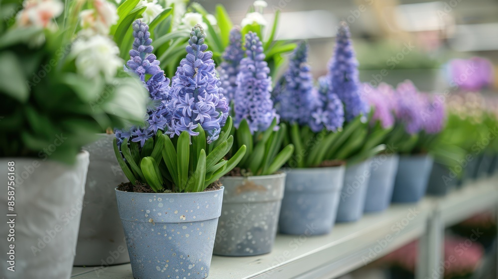 Colorful Display of Blue Violet Hyacinths in Pots at Floristic Store or Street Market - Early Spring Gardening Colorful Display of Blue Violet Hyacinths in Pots at Floristic Store or Street Market - Early Spring Gardening